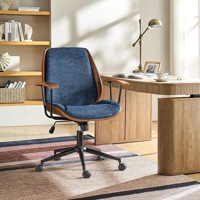 Modern Ergonomic Office Chair with Wood Frame & Metal Base, Swivel Home Office Desk Chairs with Adjustable Height, Comfy Upholstered Computer Chair, Navy