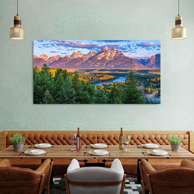 AIYISU Grand Teton Mountain Wall Art Sunset Nature National Park Posters Oxbow Bend Snake River Landscape Wall Decor Wyoming Scenery Painting Artwork for Living Room Office Home Decoration 30x60