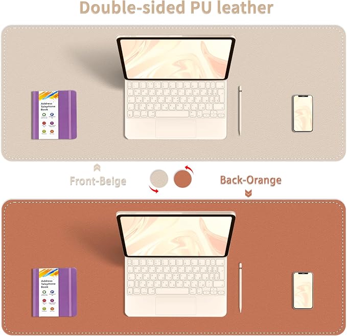 Dual-Sided Desk Mat, Large Pad, Waterproof Smooth PU Leather Blotter Protector, Mouse Pad, Desk Organizers, Office/Home Table Decor for Reading and Writing (Beige+Orange, 47.2''23.6'')
