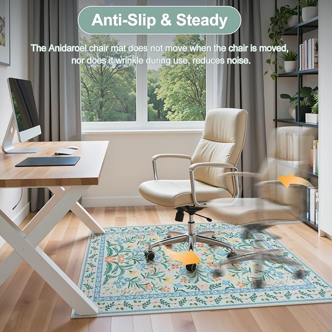 Anidaroel 36"x48" Office Chair Mat for Hardwood Floor/Tile, Anti-Slip Boho Desk Mat for Chairs, Tea Green Office Floor Mat, Low Pile Floor Protector for Rolling Chair, Floral Under Desk Rug