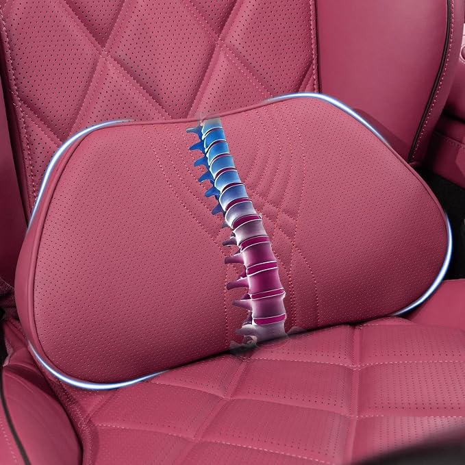 Lumbar Support Pillow for Driving Seat, Office Chair, Red, 1PC | Leather Lumbar Pillow Memory Foam Lower Back Cushion for Back Pain Relief Improve Posture, Ergonomic Back Rest Gaming Chair