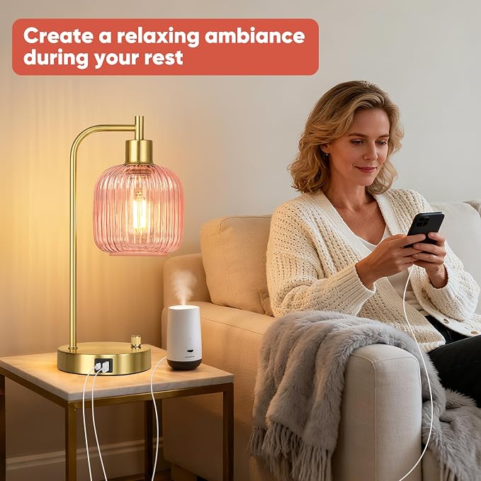 QiMH Industrial Table Lamp for Bedroom Set of 2, Pink Glass Beside Lamp with USB A&C Ports, Stepless Dimmable Gold Lamps, Nightstand Lamps for Living Room, Office, Home Decor(Bulb Included)