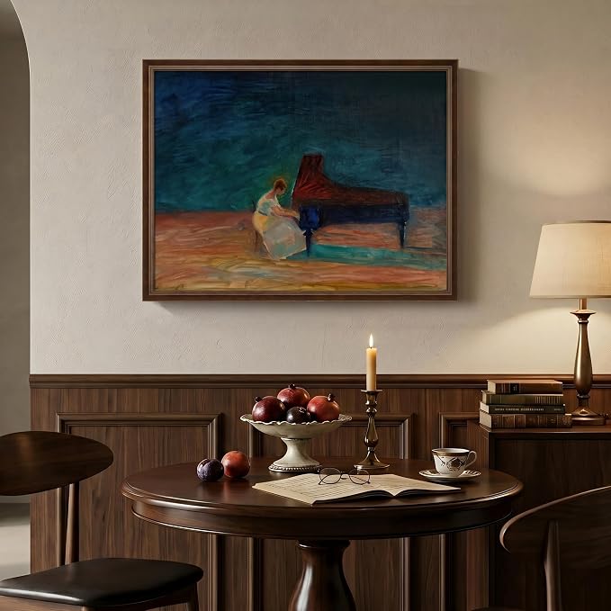 Framed Vintage Music Wall Art, Retro Mid Century Modern Piano Canvas Prints Artwork for Walls, Abstract Woman Picture for Music Room Dining Room Bedroom Living Room Elegant Home Wall Decor, 24x18 Inch