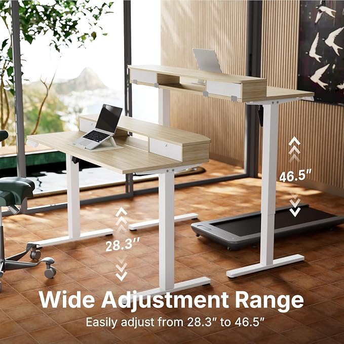 HUANUO 48 x 24 inch Small Electric Standing Desk with 2 Drawers, C-Clamp Mount Compatible, Height Adjustable Sit Stand Desk, Home Office Stand Up Desk with 4 Memory Height Settings, Light Walnut