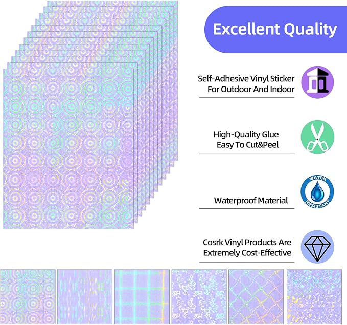 36 Sheets Holographic Laminate Sheets 8.5x11 Inch Self Adhesive 6 Patterns | Clear Waterproof Holographic Vinyl Laminate Film Overlay Lamination for Sticker Paper, Photos, Crafts, Scrapbooking