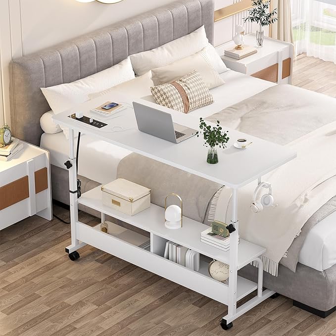 Armocity Rolling Standing Desk with Charging Station, Portable Height Adjustable Mobile Computer Desk with Wheels & 2-Tier Shelves & Hooks, Easy Assembly Laptop Table for Couch Bed, 47" White