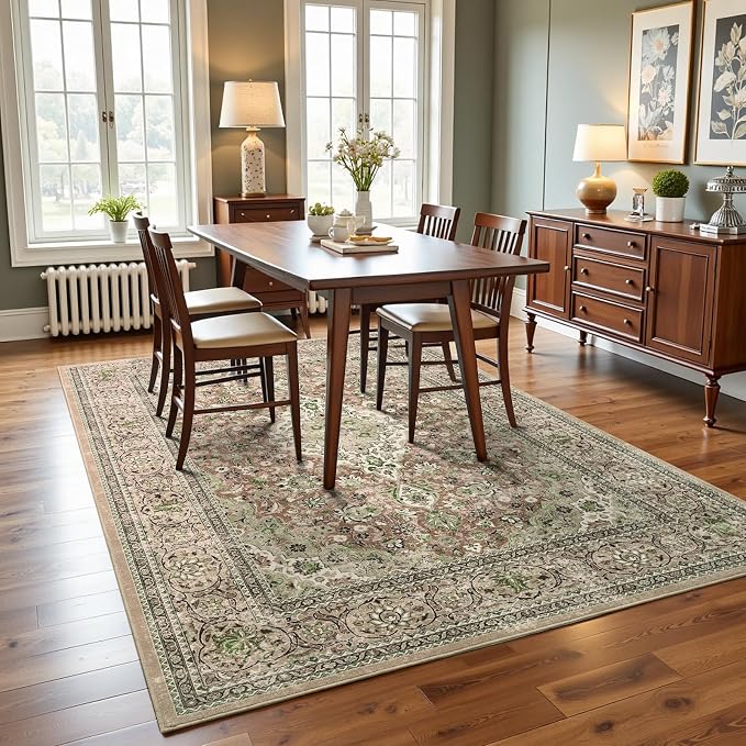 Green Washable Boho Area Rug for Bedroom, 3x5 Vintage Floral Non Slip Rugs, Soft Low Pile Indoor Mat, Aesthetic Pattern Carpet for Living Room, Kitchen, Dining Room and Bedside
