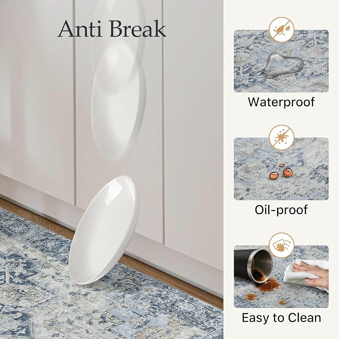 GENIMO Kitchen Mats for Floor 2PCs, Washable Anti Fatigue Mat for Cushioned, 17.3"x59"+17.3"x30", Waterproof Kitchen Rugs, Non Slip Foam Standing Mat Rug for Home, Sink, Office, Laundry, Light Blue