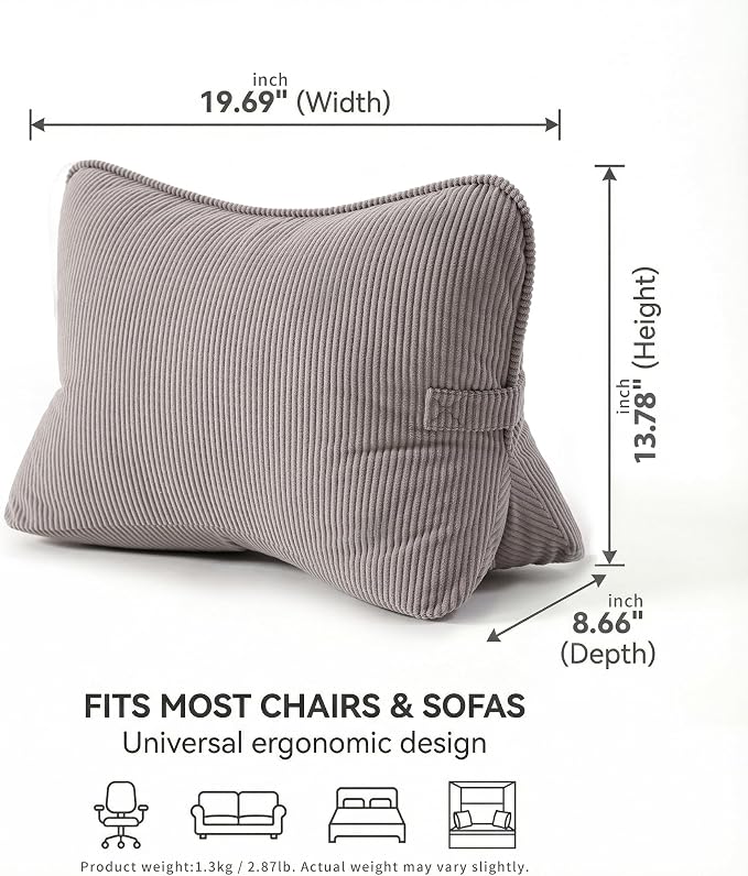 Pat. Pend. Corduroy Lumbar Support Pillow for Watching TV, Reading & Gaming, Triangle Cushion for Sofa, Armchair, Couch or Bed, Removable Washable Cover, Light Gray