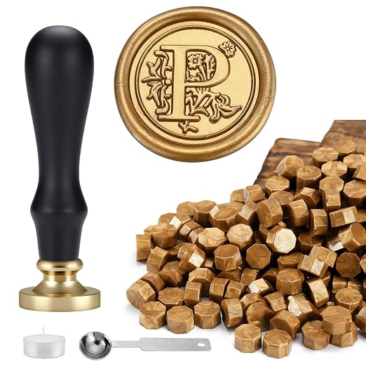 Yoption Traditional Initial Alphabet Wax Seal Stamp with 120 Antique Gold Wax Seal Beads Kit for Wedding Engagement Party Invitation Envelope Christmas Gift Wrap - Letter P