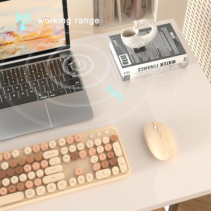 MPTOG Colorful Wireless Computer Keyboard and Mouse Combo with Round Typewriter Keycaps, Retro Design, Power Switch, Ergonomic Design, 2.4GHz Wireless for Windows, Mac, PC(Milk-Tea Colorful)
