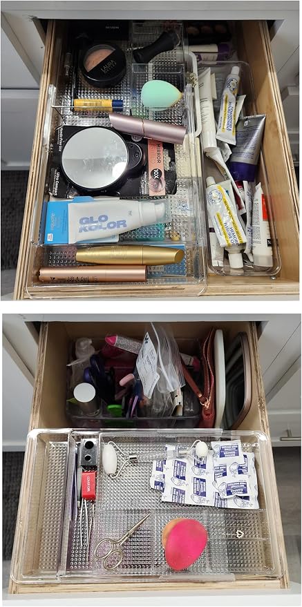 Oubonun Expandable Drawer Organizer 11.1” to 19.2” Width, Shallow Cosmetic Organizer 1.3” Height, 2 Packs, Clear Plastic Storage Trays for Dressing Table,Bathroom