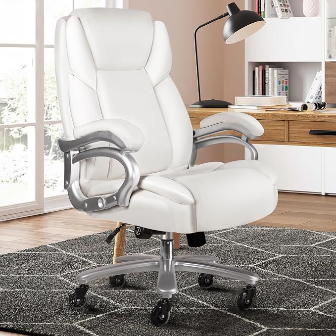 VITESSE 500lbs Heavy Duty Office Chair for Low Back Pain Relief, Big and Tall Office Chair with Ergonomic Lumbar Support, High Back Executive Chair with Quiet Rubber Wheel（White）