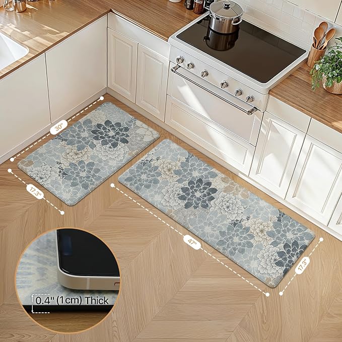 GENIMO Anti Fatigue Kitchen Mats for Floor 2PCS, Cushioned Standing Mats | 17.3"x47"&17.3"x30", Light Blue vintage floral rug set, waterproof, non slip, easy-clean for farmhouse