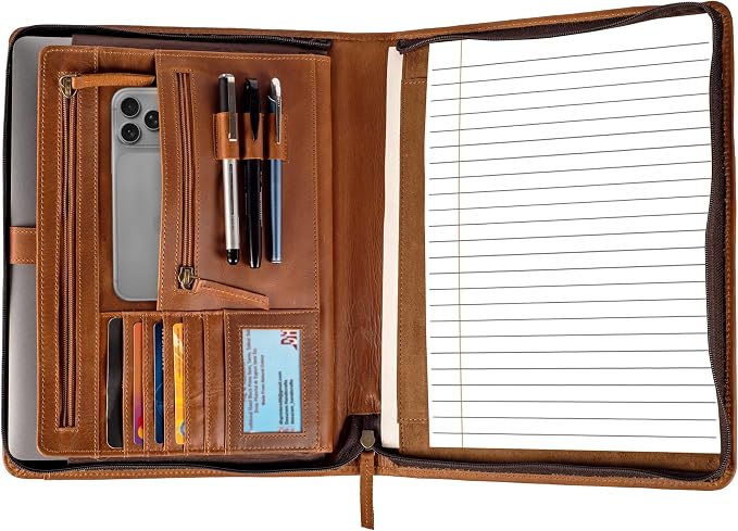 LEATHER VILLAGE Leather Portfolio Organizer - Professional Business Padfolio for Men & Women - Stylish Document Card Holder, Folio for A4/Letter Size Writing Legal Pad, Tan