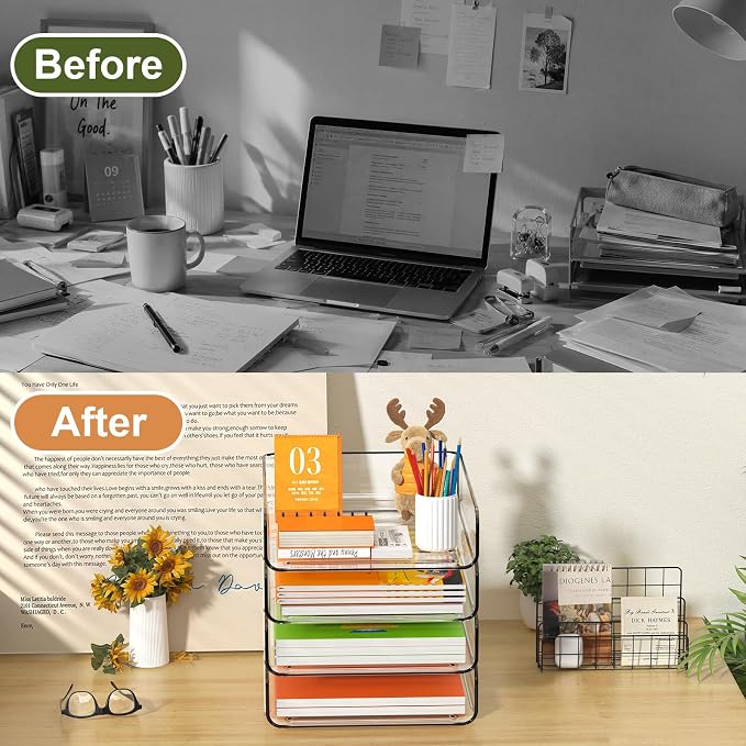 FANXIYQ 4-Tier Acrylic Paper Tray Organizer, Clear Stackable Desk File Organizer for Documents, Files, Letters, A4 Paper, Books, Notes, Mail & Paper Storage, Office Classroom Home
