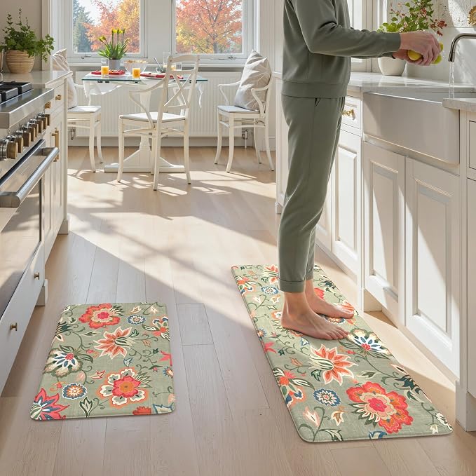 LEEVAN Anti Fatigue Kitchen Mats for Floor, Cushioned Kitchen Mat Set 2PCS | 17.3"x29"+17.3"x47", Boho Floral Green Kitchen Rugs Non-Slip, Waterproof Ergonomic Standing Mats for Laundry, Office, Sink