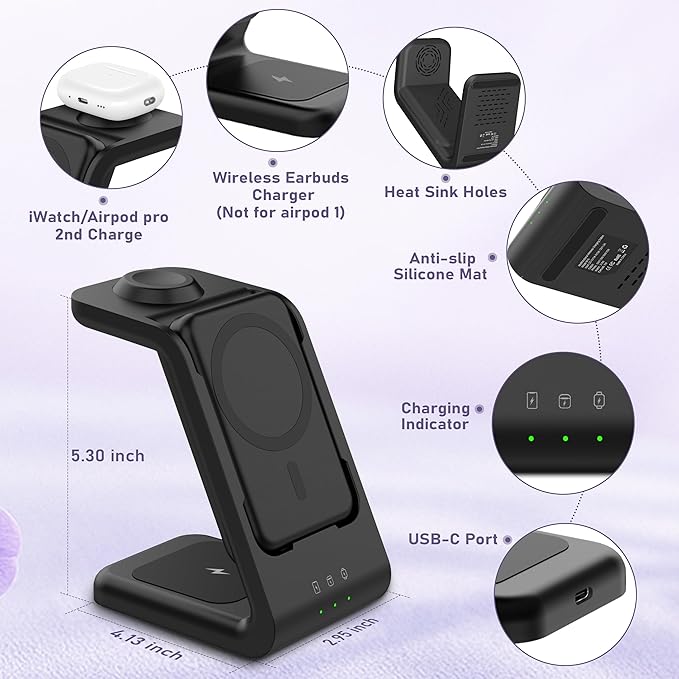 Smtcsl 3 in 1 Wireless Charging Station: 5000mAh Removable Power Bank Charger Stand for Phone/Watch/Air Pods - Portable Magnetic Battery Pack for Air 17 16 15 14 13 12 Series