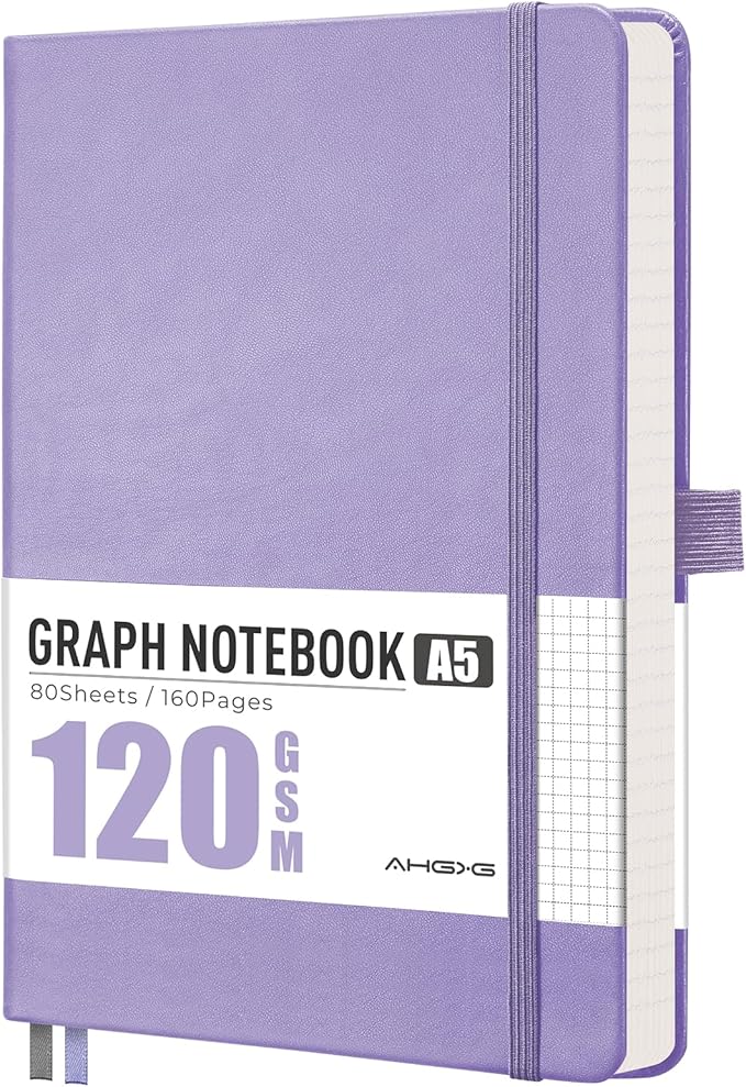 AHGXG Graph Grid Paper Notebook, 160 Pages, A5 Medium Size (5.7'' x 8.3''), 120 GSM Thick Paper, Leather Hardcover, for School, Students, Math, Engineering (Light Purple)