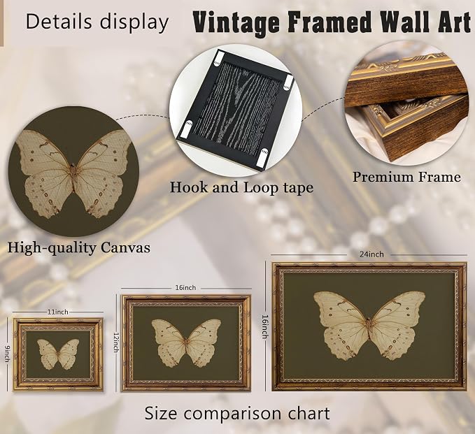 Vintage Gold Framed Wall Art Retro White Butterfly Canvas Print Dark Green Olive Insect Painting Picture Rustic Farmhouse Moth Cottagecore Poster Artwork for Living Room Bedroom