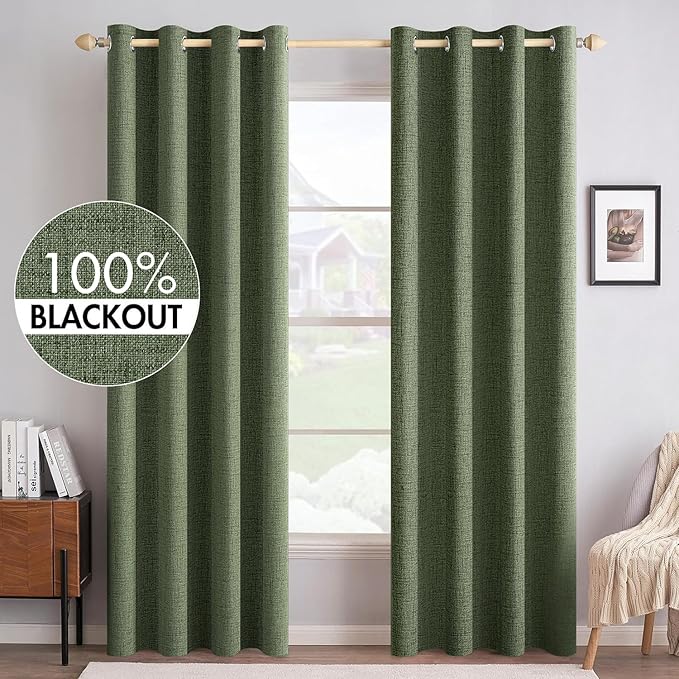MIULEE 100% Blackout Linen Textured Curtains for Bedroom Solid Thermal Insulated Olive Green Grommet Room Darkening Curtains & Drapes Luxury Decor for Living Room 52 x 96 Inch (2 Panels)