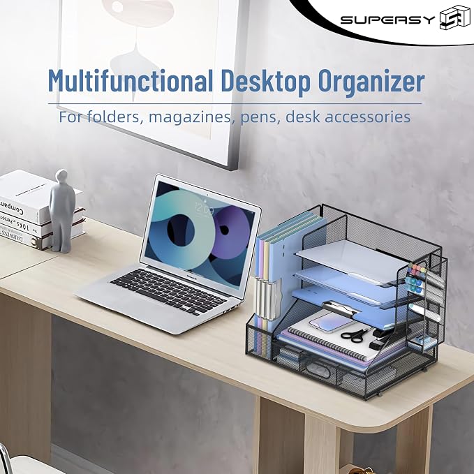 Desk Organizer with 5 Tier File Holder and Sliding Drawer Pen Holder Black | Paper Letter Tray with 3 Tilted File Sorters to Keep Desk Accessories and Office Supplies within Reach