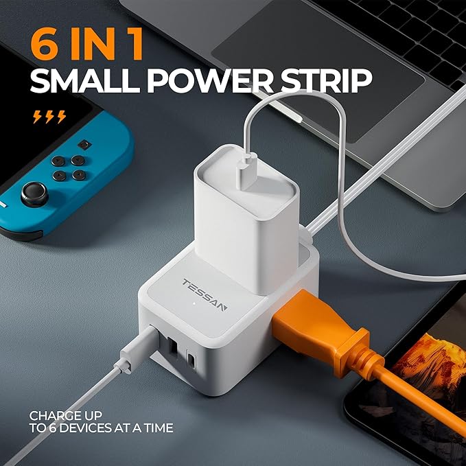 TESSAN Small Flat Plug Power Strip, Ultra Thin Extension Cord 3 ft, 3 AC Outlets with 3 USB Ports (1 USB C), Multiple Wall Outlet Extender for Cruise Travel Office School Dorm Room Essentials