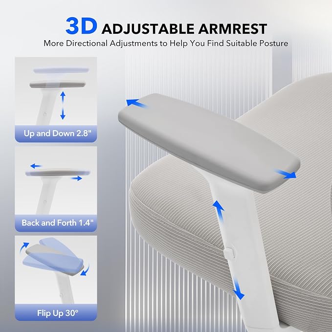 Office Chair Ergonomic Desk Chair - Home Mesh Office Desk Chair with Adjustable Lumbar Support, High-Back Computer Gaming Chair with Headrest 3D Armrests, Rolling Swivel Task Chairs for Home, Office