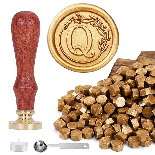 Yoption Letter Wax Seal Kit, Vintage Initial Alphabet Q with Wreath Sealing Stamp and 120 Antique Gold Wax Seal Beads