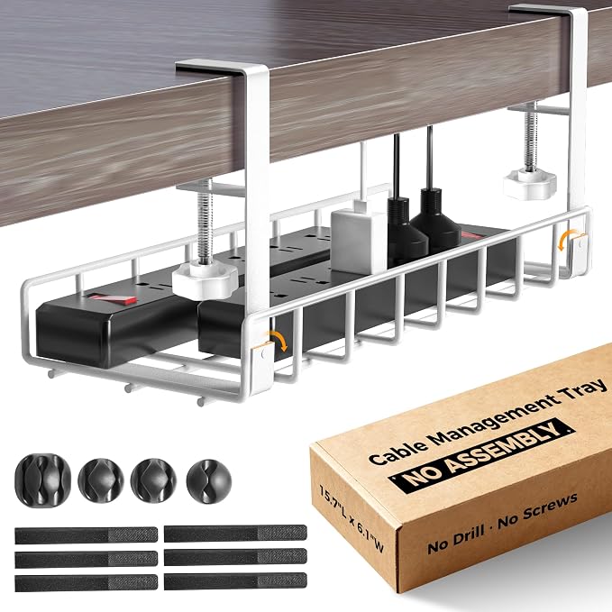 Under Desk Cable Management Tray, Xpatee Upgraded Wire Management No Drill No Screws, Cable Tray with Clamp for Wire Organizers, Computer Cord Rack for Office, Home - No Damage to Desk White
