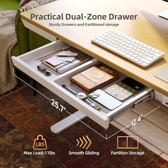 Claiks Bamboo Standing Desk with Drawers & USB Ports 48x24 Bamboo | Quick Install, Tape-C Port, USB Ports