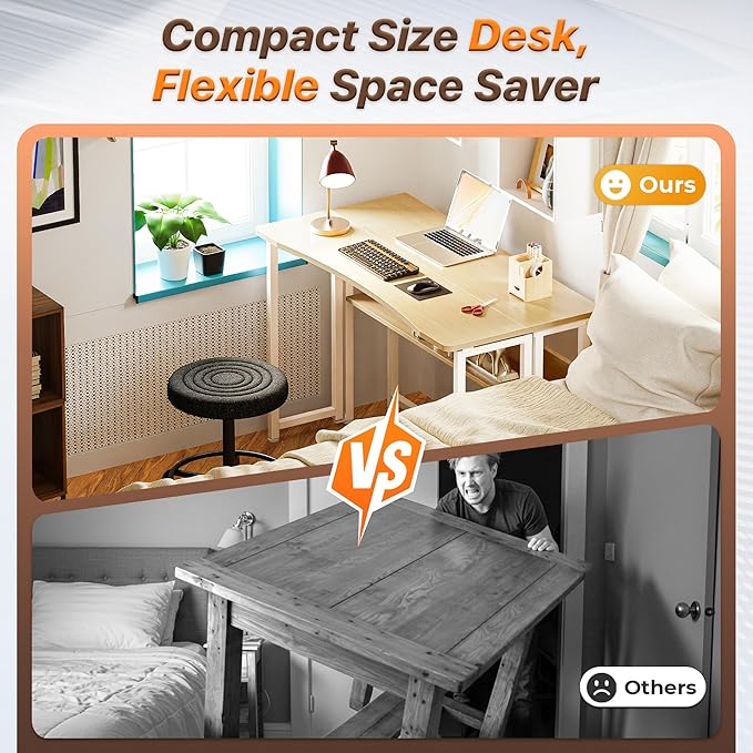 Huuger Folding Desk with Storage Shelf, 39.3 Inch Foldable Computer Table for Small Spaces, Space Saving Sofa Table for Couch, Writing Work Office Computer Desk, Easy to Fold, Oak
