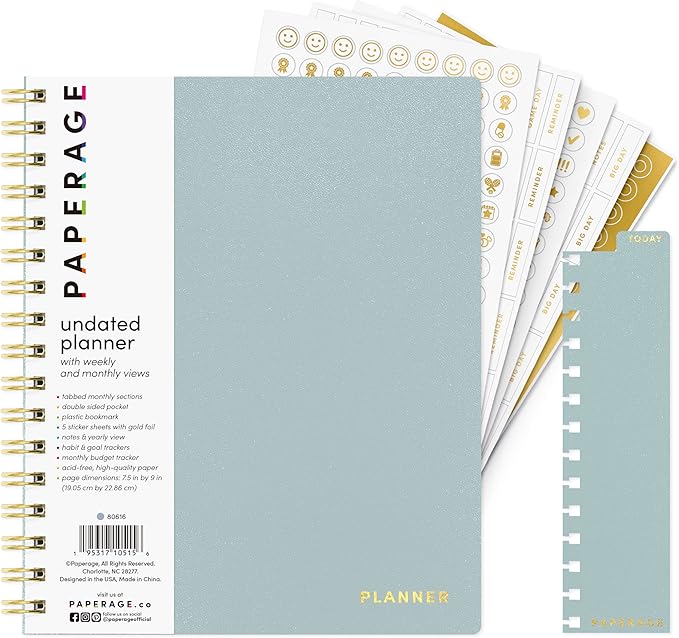 PAPERAGE Undated 12 Month Weekly & Monthly Planner with Durable Cover & Spiral Binding, 7.5 in x 9 in, Productivity Planner with Note Pages, Goals & Budget Trackers, Stickers & Bookmark (Slate)
