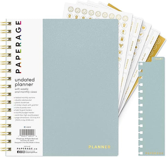 PAPERAGE Undated 12 Month Weekly & Monthly Planner with Durable Cover & Spiral Binding, 7.5 in x 9 in, Productivity Planner with Note Pages, Goals & Budget Trackers, Stickers & Bookmark (Slate)