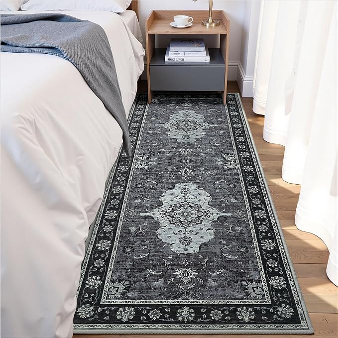 Runner Rug for Hallways Kitchen Rugs Non Slip 2x6 Washable Rugs with Rubber Backing Water Repellent Floor Carpet Low Pile Soft Floral Carpet for, Laundry, Bedroom, Bathroom Black/Grey