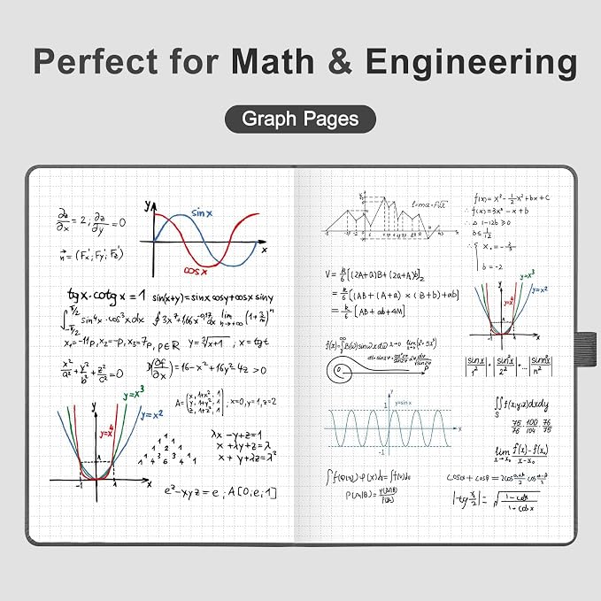 AHGXG Graph Grid Paper Notebook, 160 Pages, A5 Medium Size (5.7'' x 8.3''), 120 GSM Thick Paper, Leather Hardcover, for School, Students, Math, Engineering (Gray)