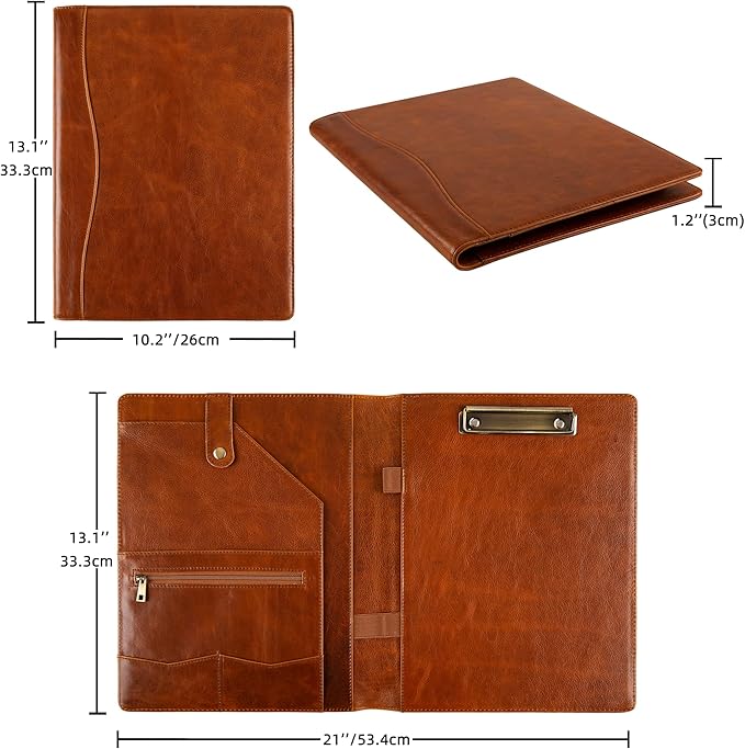 DUKE&COW Personalized Leather Portfolio for Men, Engraved Clipboard Binder, Custom Resume Padfolio Women, Christmas Gift His/Her (Clipboard, Shiny Brown-Custom)