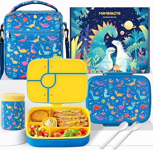 Kids Bento Lunch Box with Thermo Leak-Proof Snack Lunch Containers with Insulated Lunch Bag Utensils Set Back to School Supplies Gifts for Boys and Girls Toddlers Kindergarten Lunch Accessories Blue