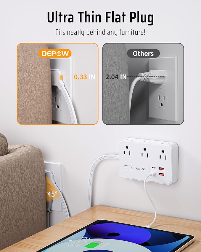 DEPOW Surge Protector Power Strip with Flat Plug, 10 FT Extension Cord with 6 AC Outlets 4 USB Ports(2 USB-C),1050J Surge Protection, Wall Mountable Charging Station for Office, Home, White