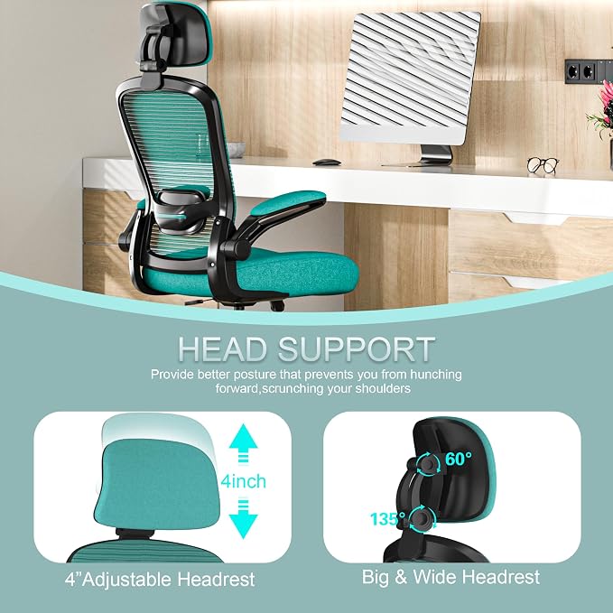 Mimoglad Office Chair, High Back Ergonomic Desk Chair with Adjustable Lumbar Support and Headrest, with flip-up Armrests for Guitar Playing, 5 Years Warranty (Modern, Dark Green(Black Frame))