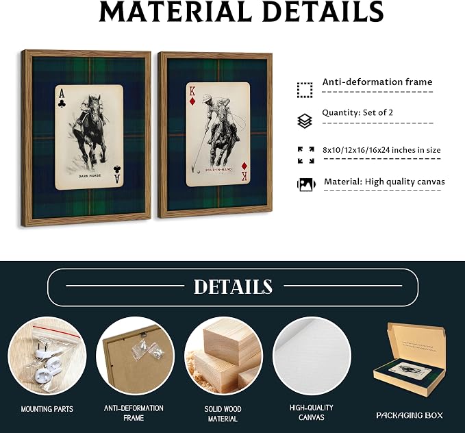 Framed Vintage Playing Card Wall Art Set of 2, Classic Polo Rider and Race Horse Canvas Prints, Retro Equestrian Sketch Poster, Old-Money Sports Wall Decor for Study Home Office Game Room 12x16in