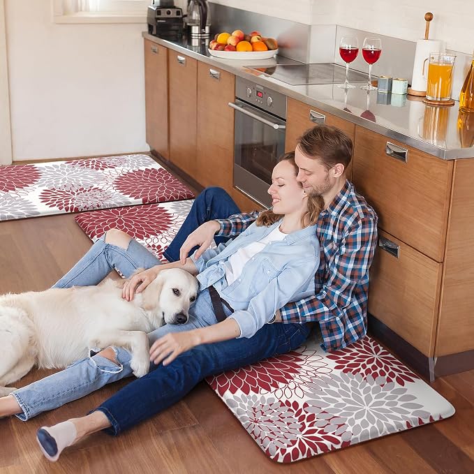KIMODE Anti Fatigue Kitchen Mats for Floor 2PCS Cushioned Standing Mats | 17"x47"+17"x29",Dahlia Floral,Red, Farmhouse Floor Mats set of 2,Non Slip,Waterproof,Comfort Mat for Sink Office Laundry home