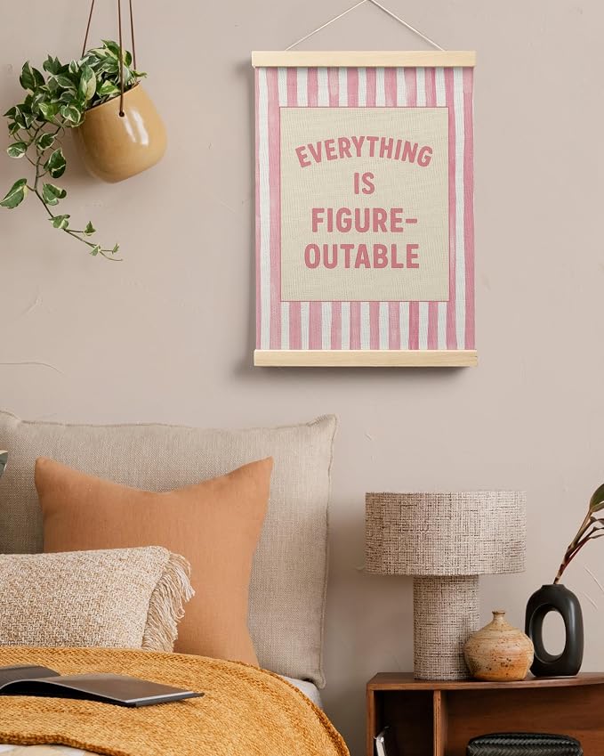 FGFK Preppy Pink Striped Everything Is Figureoutable Inspirational Framed hanging Canvas wall art Poster Prints office dorm room decor for women, Motivational posters decorations for home bedroom,12x16 Inch