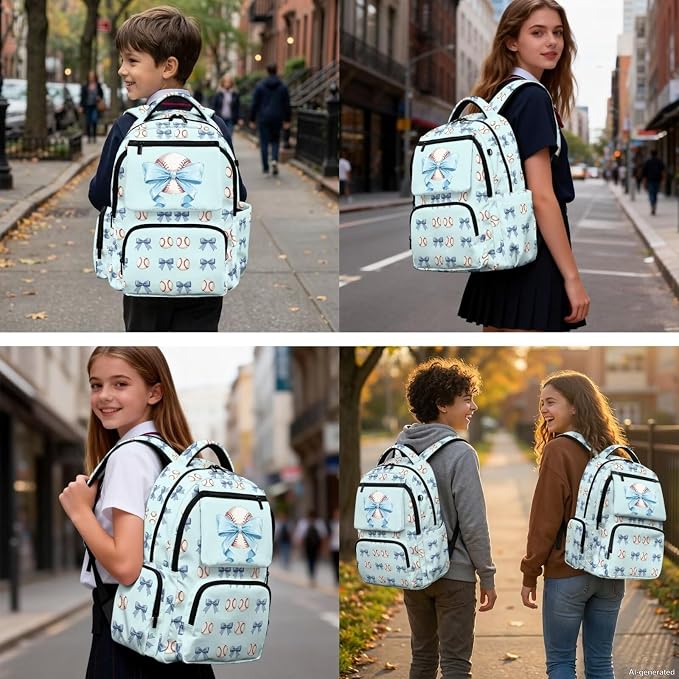 WELLFLYHOM 4 PCS Blue Bow Baseball Backpack for Girls Ages 7-8 | Matching School Bag with Lunch Bag, Pencil Case and Water Bottle Sleeve, Lightweight Daily Storage Backpack for Young Girls