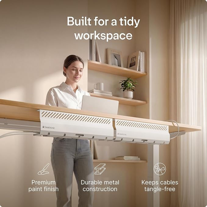 Desktronic Cable Duct Desk White Set of 2 - Stainless Steel Cable Management Desk Cable Duct with 5 Cable Cut-Outs - Easy to Install Cable Organiser - Cable Holder