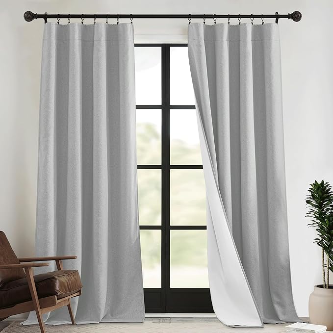 RYB HOME 4 in 1 Set Dust Filter - Soundproof - Blackout - Insulating, Energy Efficiency Linen Curtains for Kids Bedroom Living Room Divider Apartment Hotel Office Theatre, Grey, W 52 x L 84, 2 Pcs