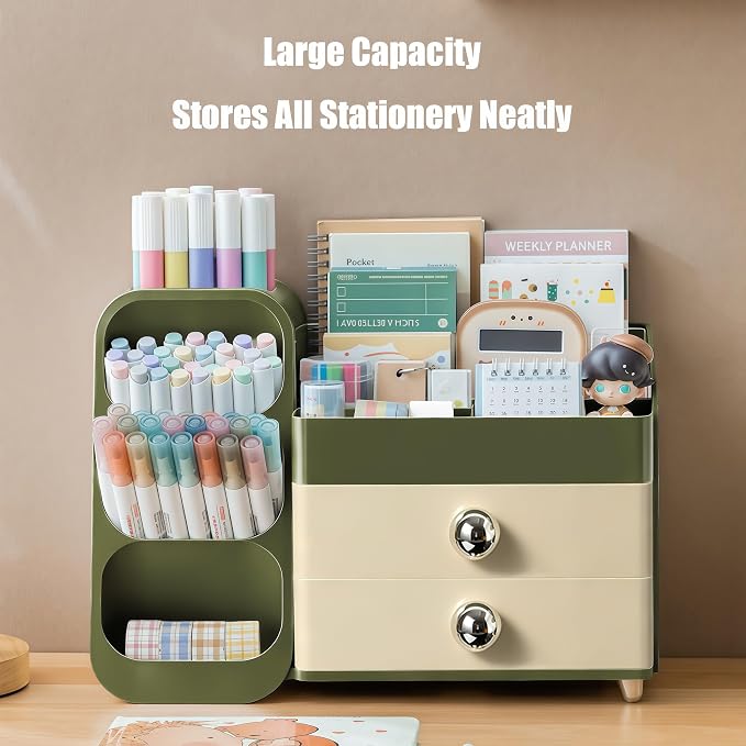 Desk Organizer with Pen Pencil Holder, Pen Organizer with 2 Drawers & 4 Compartments, Desktop Organizers and Storage for Office Home School Art Supplies (Green)