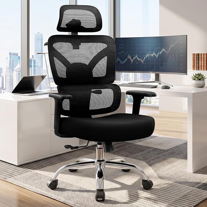 Ergonomic Office Desk Chair, Mesh Office Chairs Comfy for Prolonged Sitting | Segmented Spine Support, Adjustable Lumbar Support for Back Pain Relief, Computer Chair for Home Office, 300LBS, Black