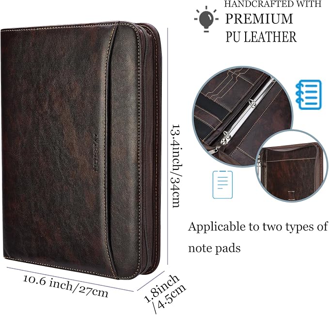 Zippered Padfolio Binder, Faux Leather Organizer with 3-Ring Binder, Left-Handed Design, Business Card Slots & Document Folders - Professional Padfolio for Office (Dark Brown)