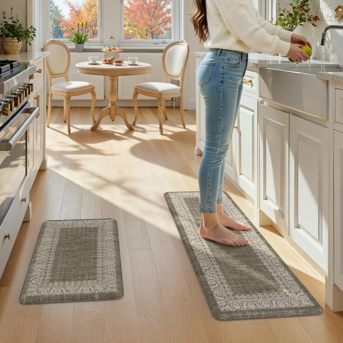 LEEVAN Anti Fatigue Kitchen Mats for Floor, Cushioned Kitchen Mat Set 2PCS | 17.3"x29"+17.3"x47", Boho Floral Green Kitchen Rugs Non-Slip, Waterproof Ergonomic Standing Mats for Laundry, Office & Sink